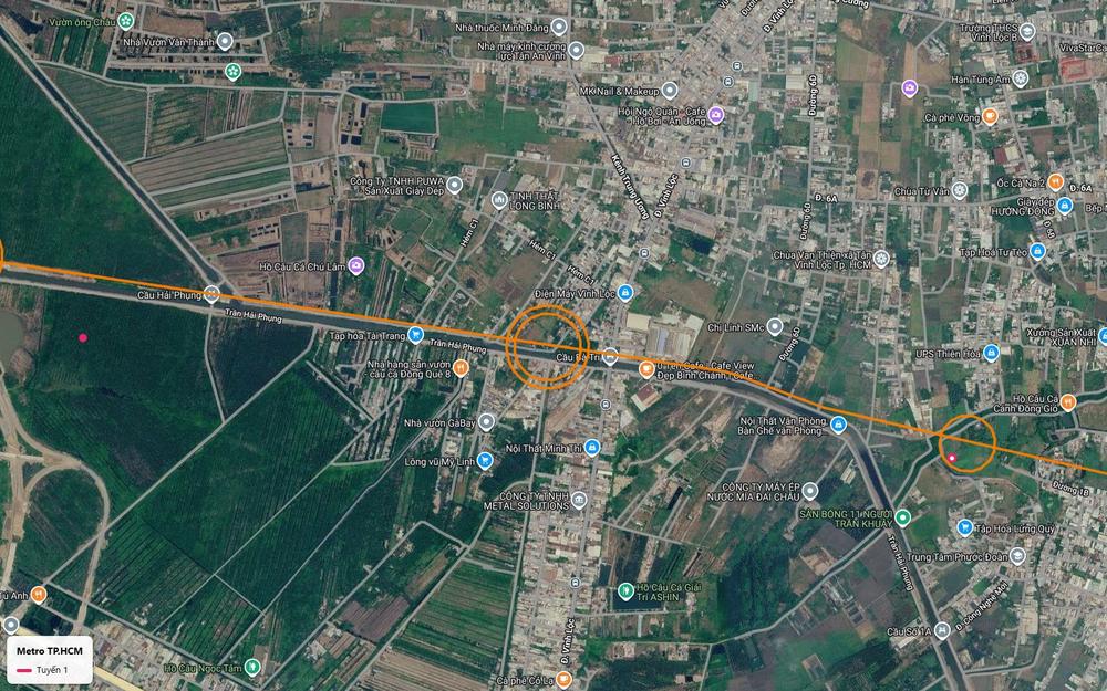Bản đồ tuyến metro số 1 với ga trung chuyển vòng đôi tại điểm cắt đường Vĩnh Lộc, gần kênh Trung Ương, huyện Bình Chánh