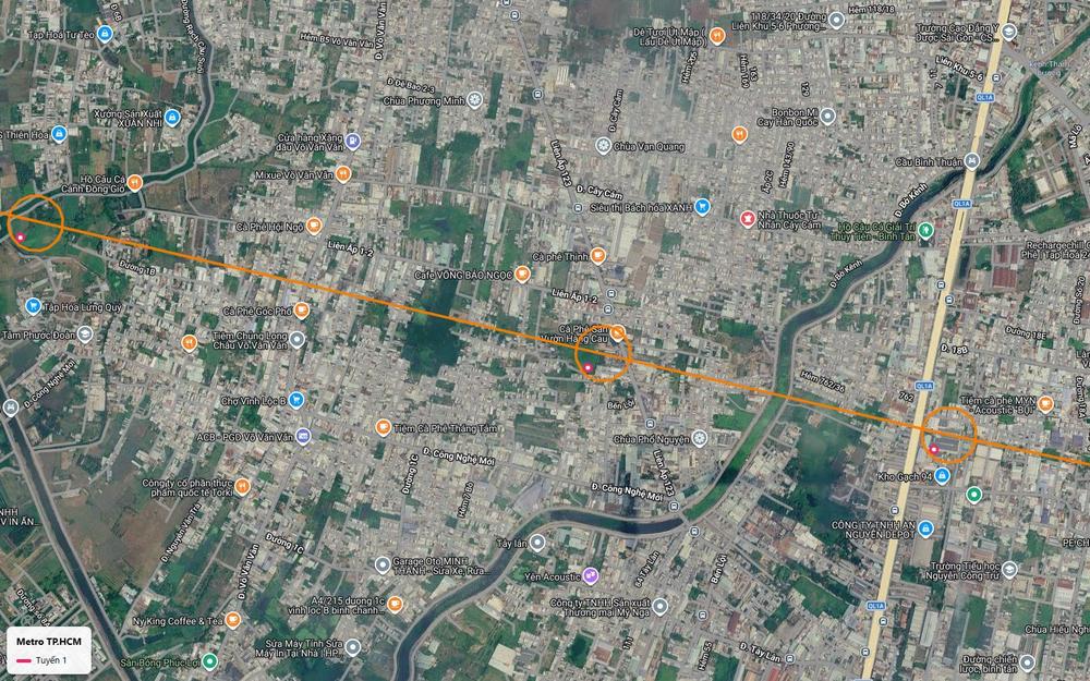 Bản đồ tuyến metro số 1 đoạn Bến Lội – Liên Ấp 1-2 tiến tới ga trung chuyển cạnh Quốc lộ 1A gần cầu Bình Thuận