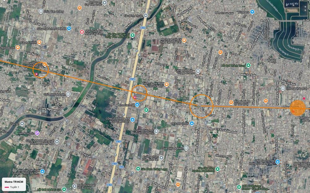 Tuyến metro số 1 TP.HCM vượt Quốc lộ 1A rồi đi vào trục Lê Văn Quới quận Bình Tân với vùng ga ngầm tô cam