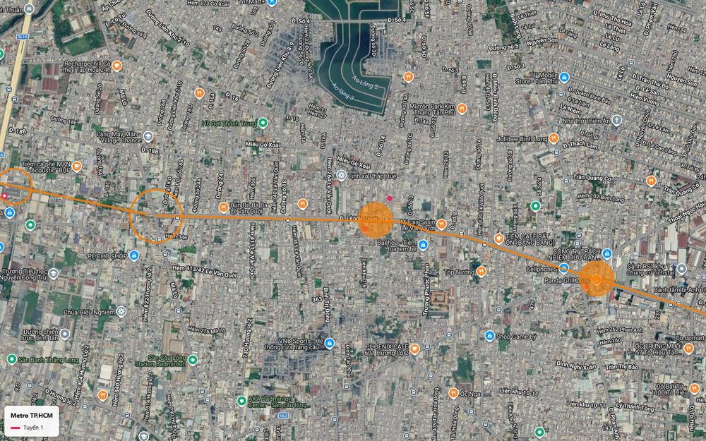 Bản đồ tuyến metro số 1 dọc đường Lê Văn Quới quận Bình Tân với hai vùng ga ngầm tô cam gần chung cư Richstar