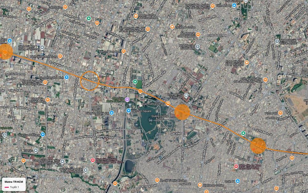 Bản đồ tuyến metro số 1 với ga ngầm cạnh quảng trường Âu Lạc, công viên văn hóa Đầm Sen quận 11, hướng về Lãnh Binh Thăng