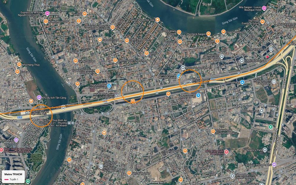 Bản đồ tuyến metro số 1 đoạn Thảo Điền tới An Phú dọc Xa lộ Hà Nội với Vincom Mega Mall, MM Mega Market và Estella Place