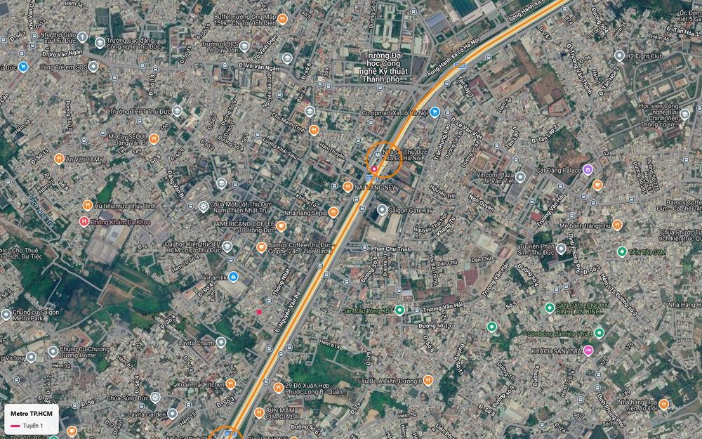 Bản đồ tuyến metro số 1 tại ga Thủ Đức gần Vincom Plaza Lê Văn Việt, Saigon Gateway và cụm trường đại học Thủ Đức