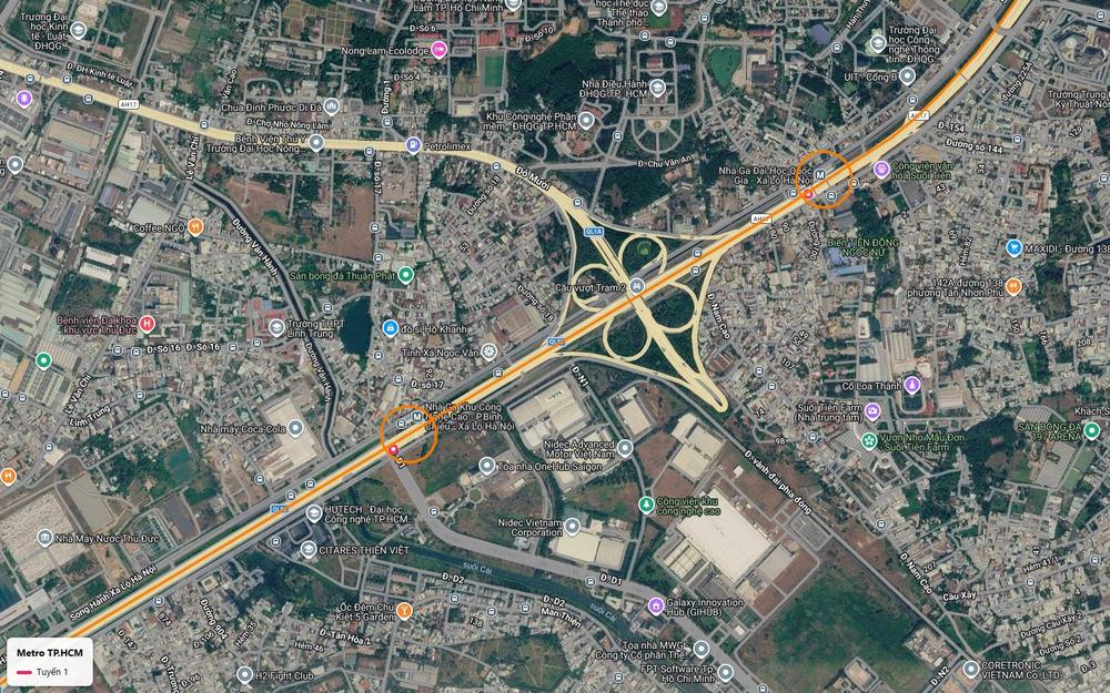 Bản đồ tuyến metro số 1 vượt nút giao hoa thị Trạm 2 tới ga Đại học Quốc gia trên Xa lộ Hà Nội, cạnh Suối Tiên