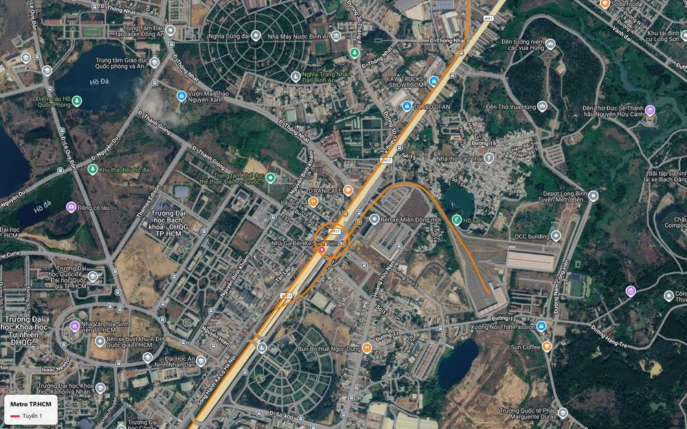 Bản đồ tuyến metro số 1 tại ga Bến xe Suối Tiên cạnh Bến xe Miền Đông mới và nhánh rẽ vào depot Long Bình