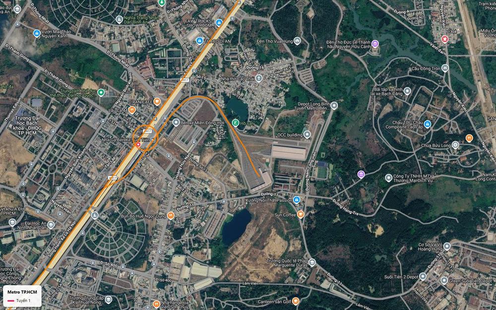 Bản đồ tuyến metro số 1 khu depot Long Bình với nhánh rẽ chữ U từ ga Bến xe Suối Tiên vào bãi đỗ tàu