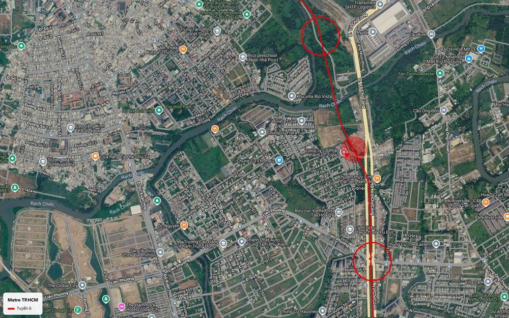 Tuyến metro số 6 bám đại lộ Võ Chí Công băng qua rạch Chiếc giữa các khu dân cư Rio Vista và Riviera Cove