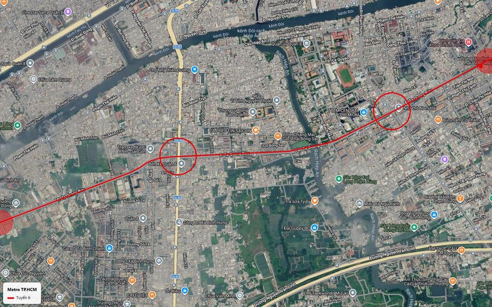 Nhà ga tuyến metro số 6 đặt tại Bến xe Quận 8 trên Quốc lộ 50 gần chợ Nhị Thiên Đường và chung cư Bông Sao