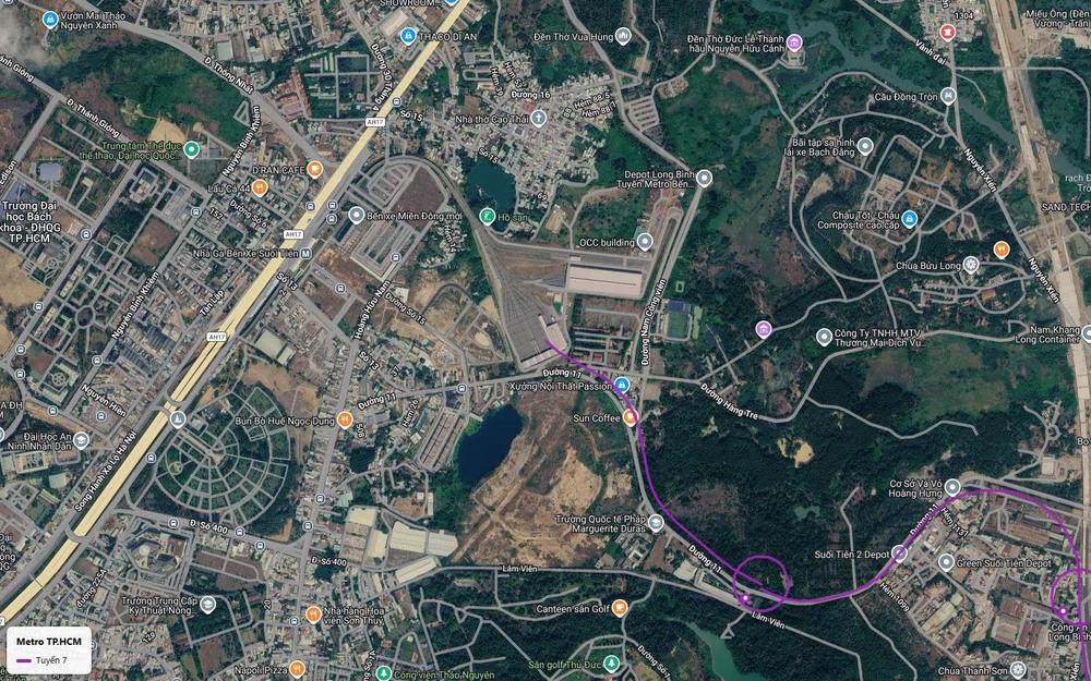 Bản đồ đoạn đầu tuyến metro số 7 tại depot Long Bình sát Bến xe Miền Đông mới và trục Xa lộ Hà Nội
