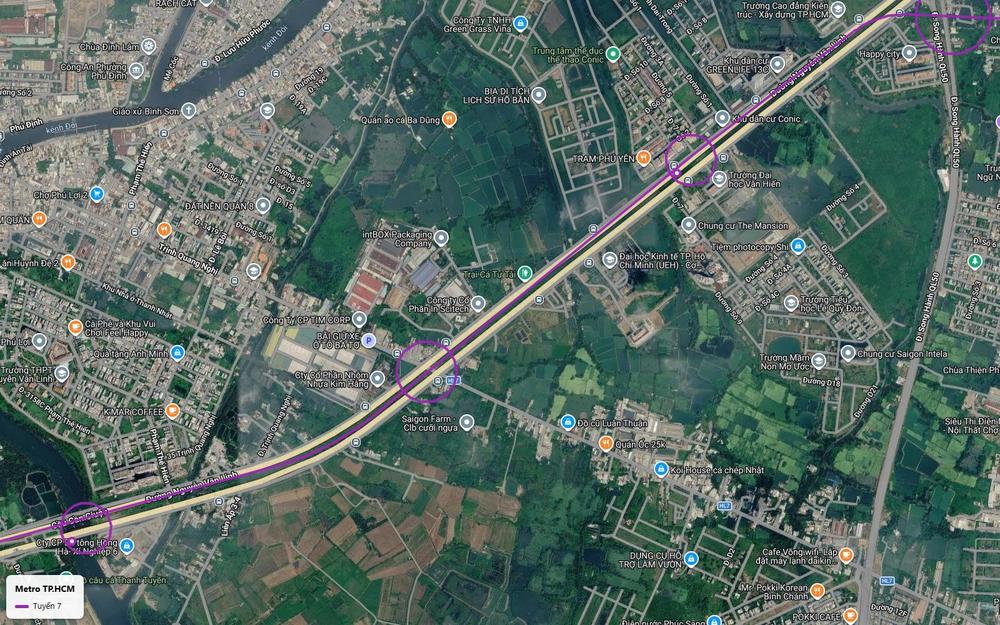 Bản đồ tuyến metro số 7 dọc đại lộ Nguyễn Văn Linh qua Đại học Văn Hiến và UEH hướng về cầu Cần Giuộc