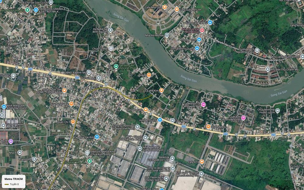 Ảnh vệ tinh điểm đầu tuyến metro số 8 khu vực Bình Mỹ Hòa Phú huyện Củ Chi bên sông Sài Gòn và Tỉnh lộ 8