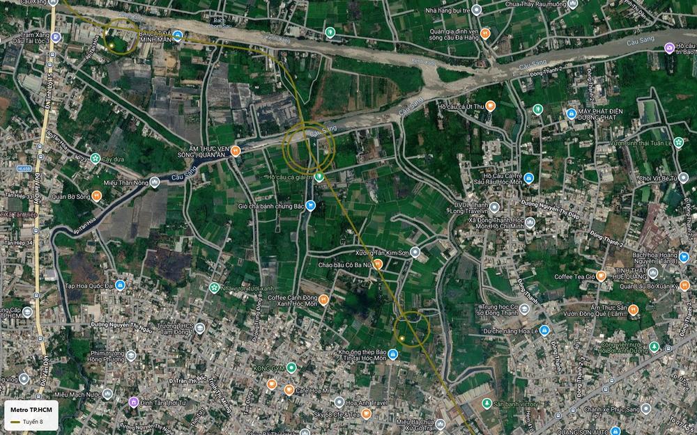 Bản đồ vệ tinh tuyến metro số 8 cắt chéo vùng ruộng xã Đông Thạnh huyện Hóc Môn gần khu Cầu Sáng