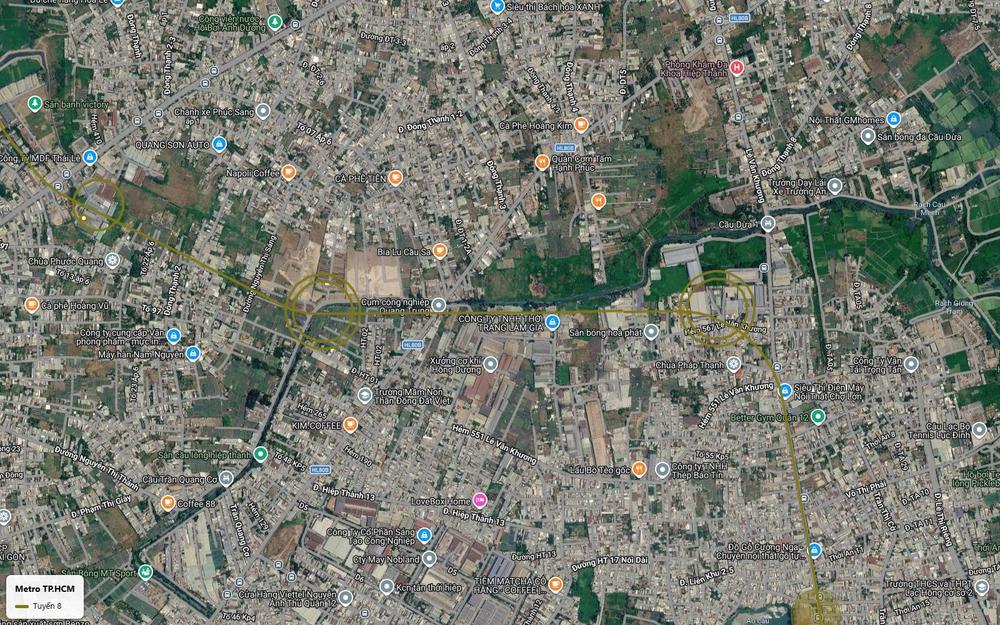 Ảnh vệ tinh hai vị trí ga metro số 8 tại cụm công nghiệp Quang Trung và khu hẻm 567 Lê Văn Khương Quận 12