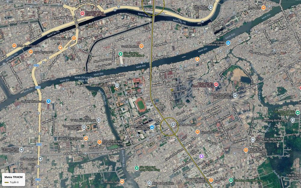 Bản đồ vệ tinh tuyến metro số 8 tại Quận 8 dọc đường Phạm Hùng vượt kênh Đôi ga gần nhà thờ Nam Hải