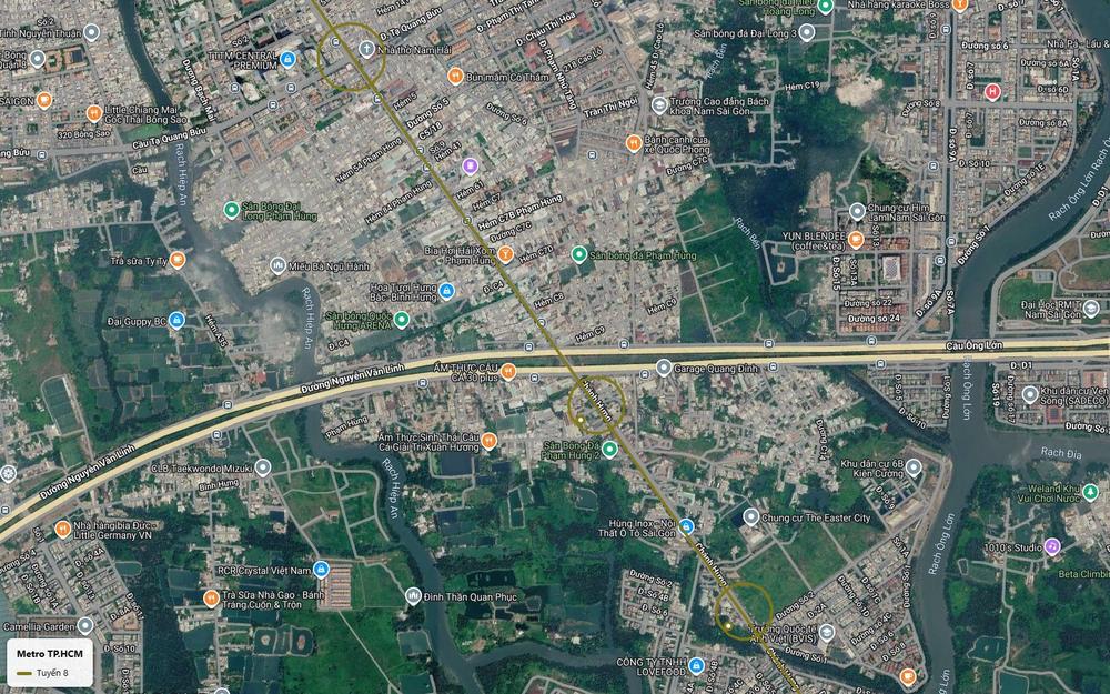 Ảnh vệ tinh tuyến metro số 8 cắt đại lộ Nguyễn Văn Linh gần cầu Ông Lớn qua xã Bình Hưng gần RMIT Nam Sài Gòn