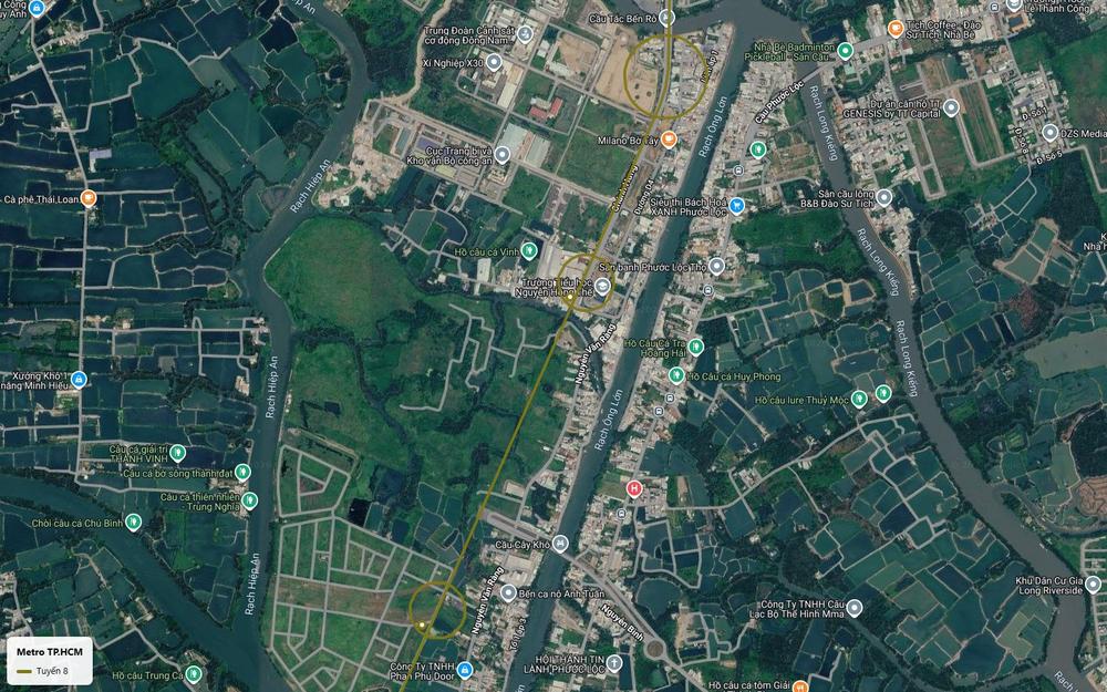 Ảnh vệ tinh tuyến metro số 8 chạy dọc rạch Ông Lớn qua xã Phước Lộc huyện Nhà Bè trên đường Nguyễn Văn Ràng